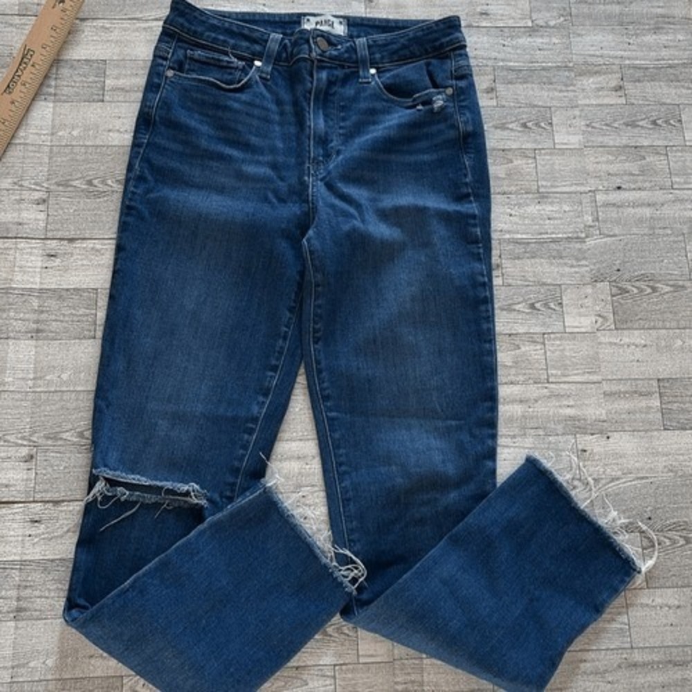 Paige Dark Jeans Hoxton High Rise Slim distressed knee raw hem wash Sz 27